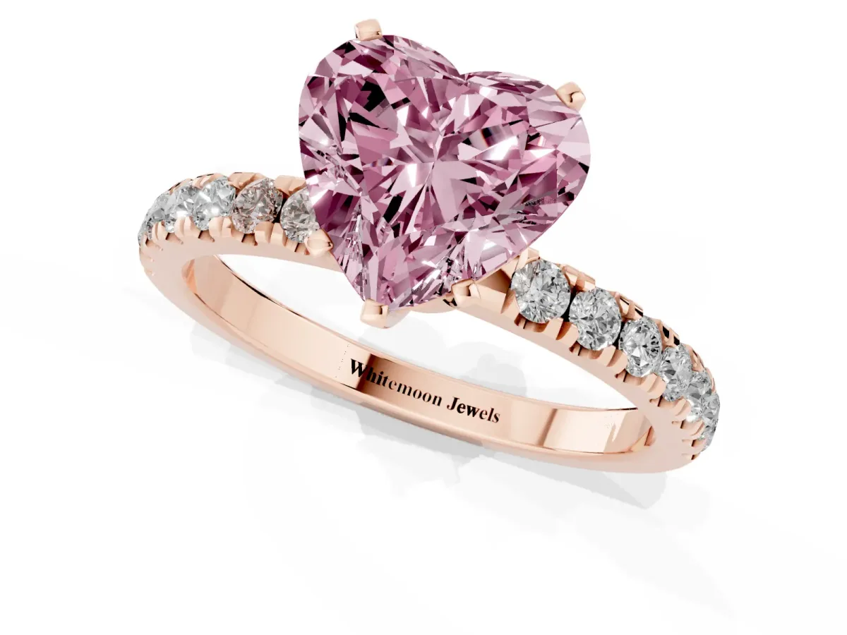 Fancy Pink Heart Cut Diamond Solitaire Ring with Pavé Accents and Four-Prong Setting Rose gold