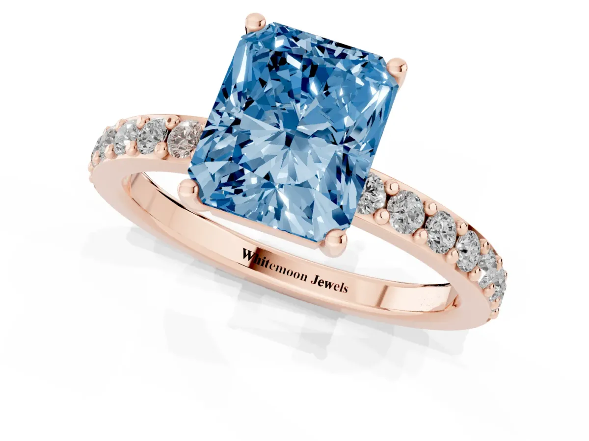 Fancy Blue Radiant Cut Cut Diamond Solitaire with Pave Band and Four-Prong Setting Rose gold