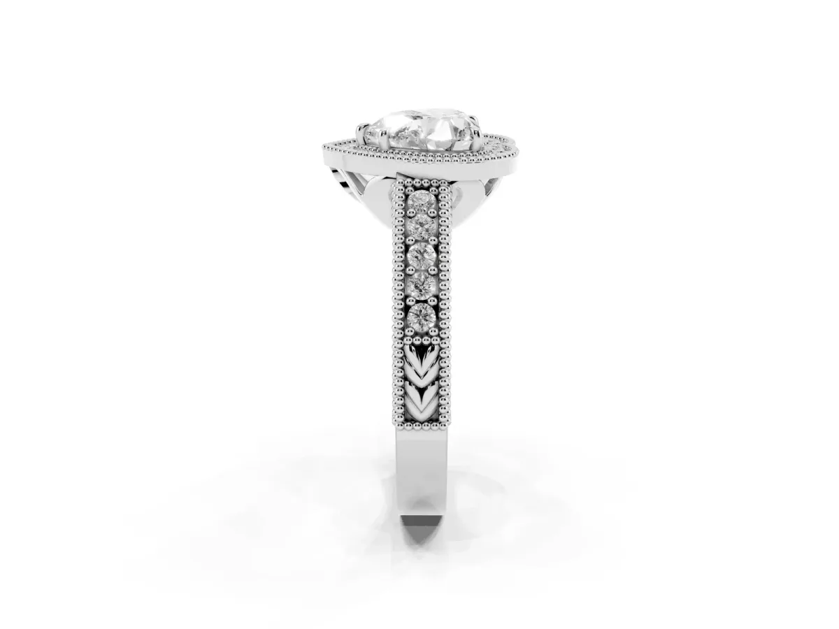 Heart Cut Cut Halo Diamond Ring with Pavé Band and Four-Prong Setting Silver