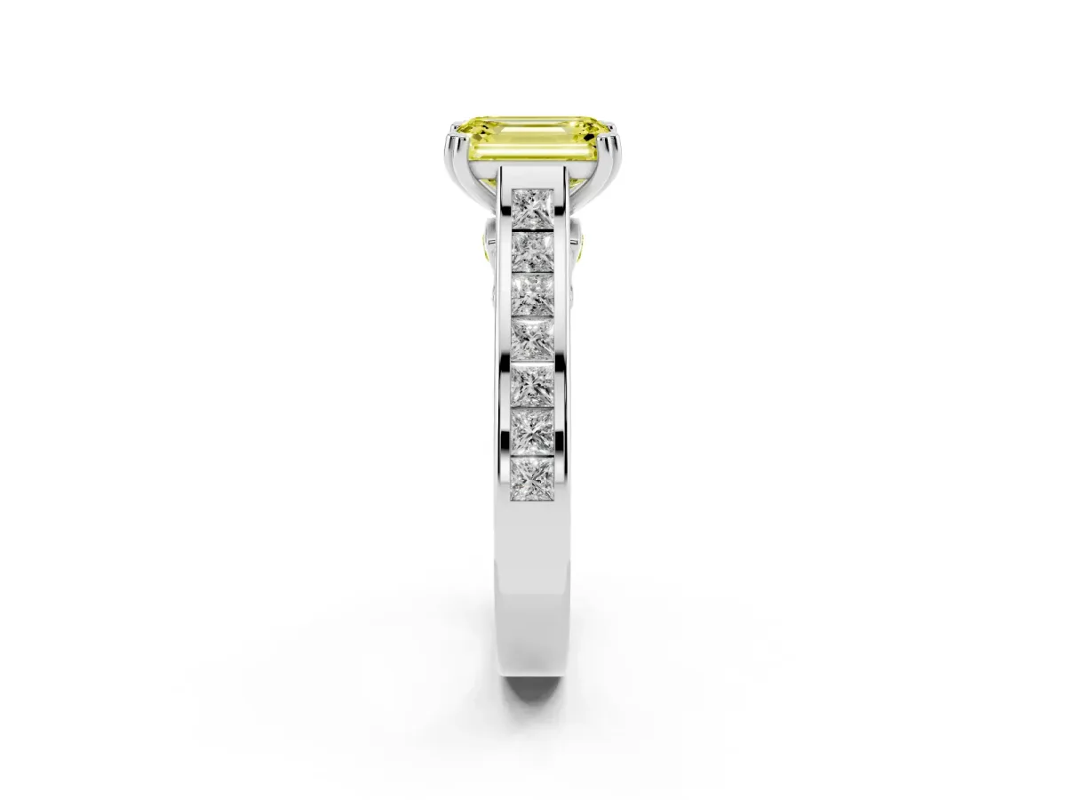 Fancy Yellow Emerald Cut Cut Channel Set Solitaire Engagement Ring with Prong Setting Silver