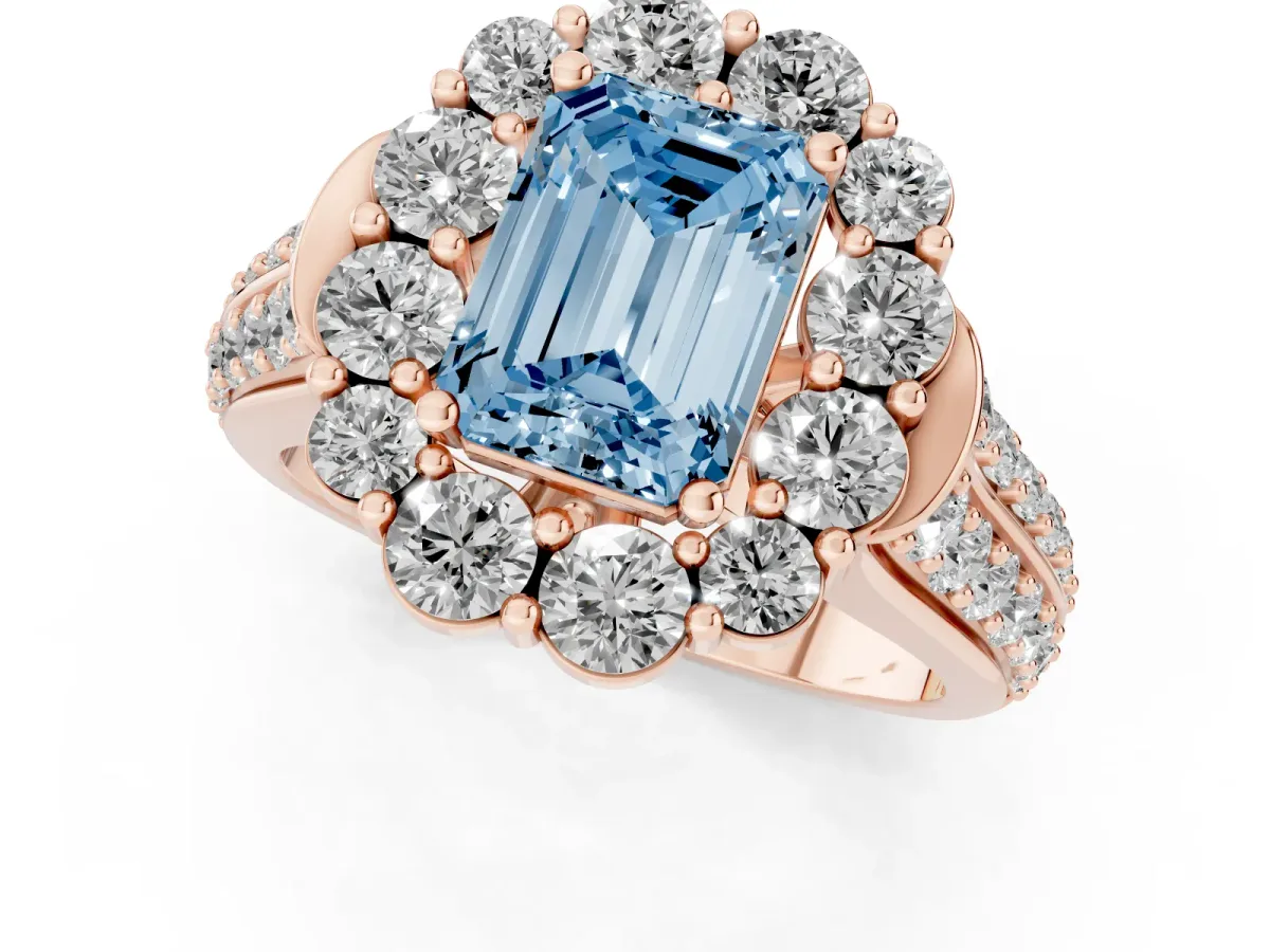 Fancy Blue Emerald Cut Halo Diamond Engagement Ring with Split Shank and Prong Setting Rose gold
