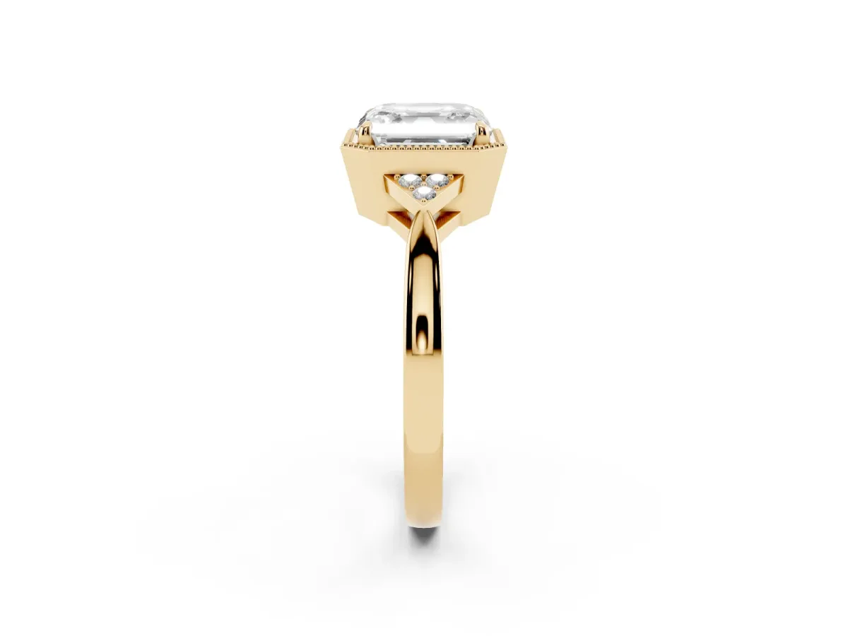 Asscher Cut Diamond Halo Ring with Tapered Band and Four-Prong Setting Yellow gold