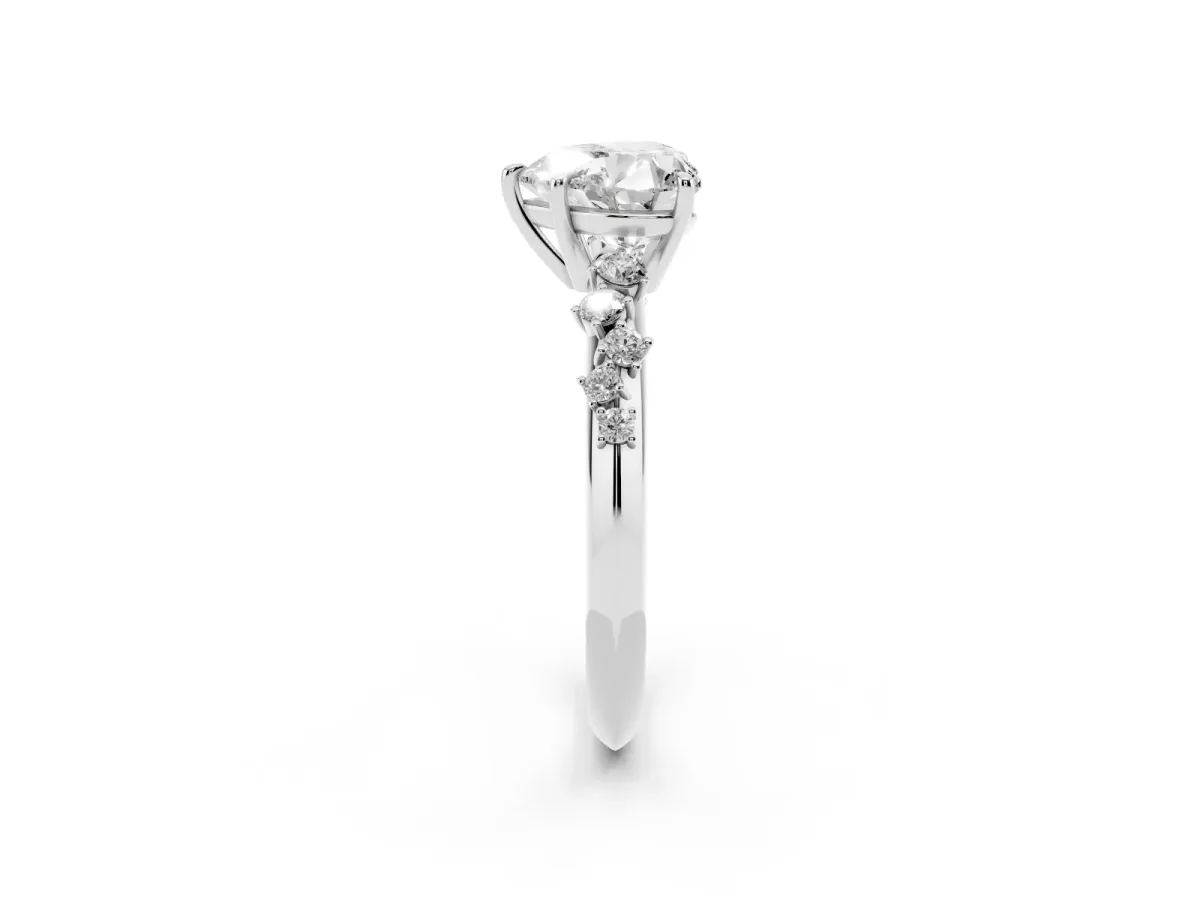 Heart Cut Diamond Cluster Side Stone Solitaire Ring with Prong Setting Silver