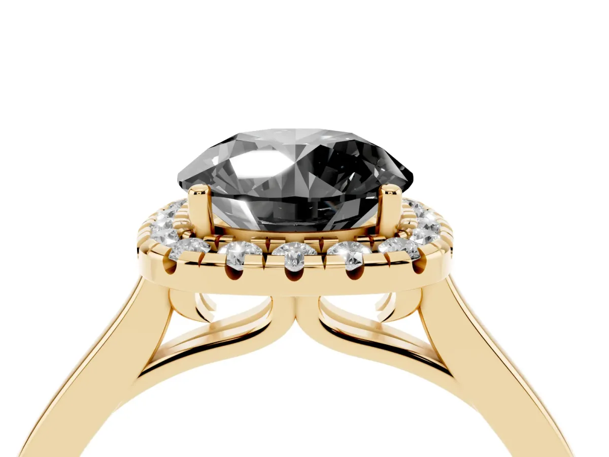Fancy Black Round Cut Halo Round Diamond Solitaire Ring with Pavé Band and Four-Prong Setting Yellow gold