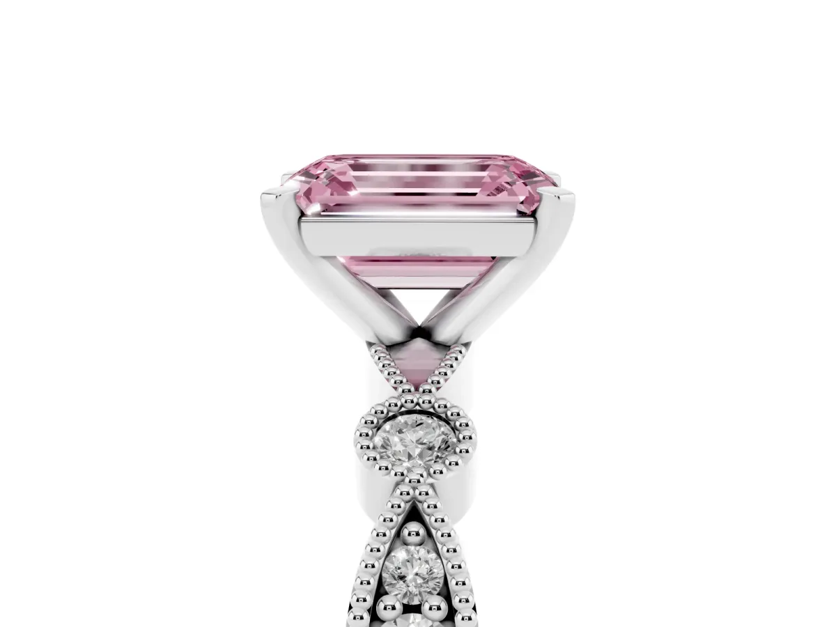 Fancy Pink Emerald Cut Milgrain Bezel Diamond Engagement Ring with Solitaire Prong Setting White gold