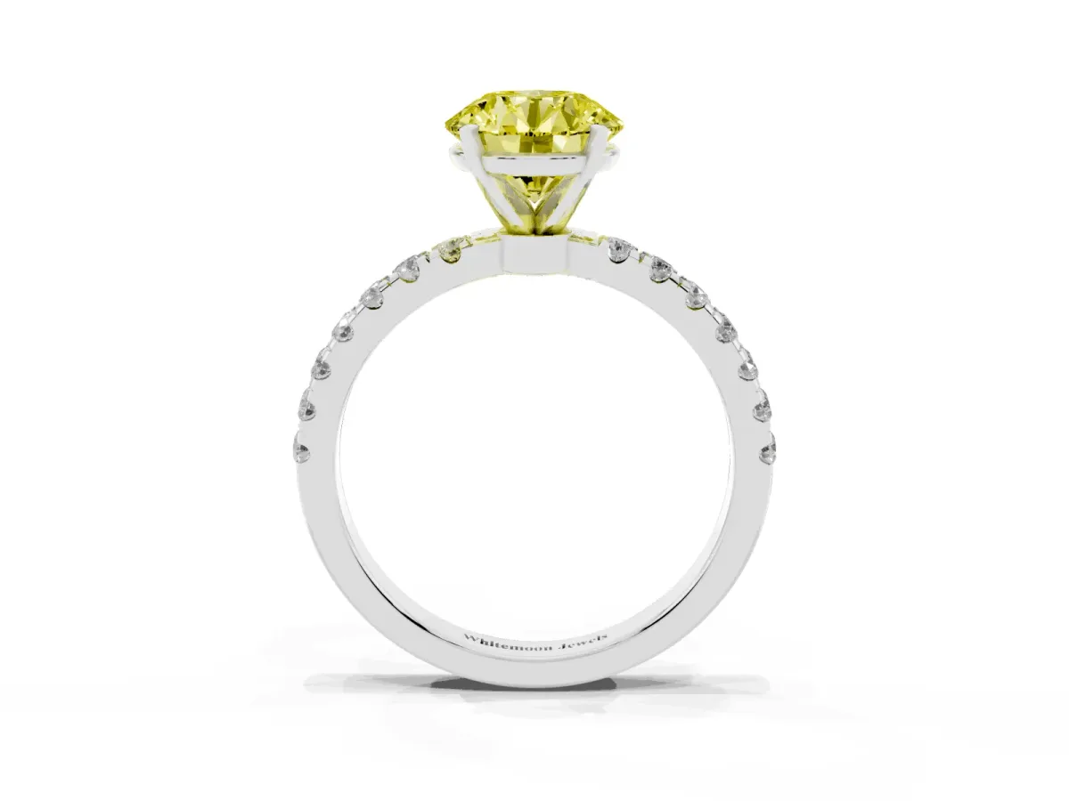 Fancy Yellow Round Cut Diamond Solitaire Ring with Pavé Accents and Four-Prong Setting Silver