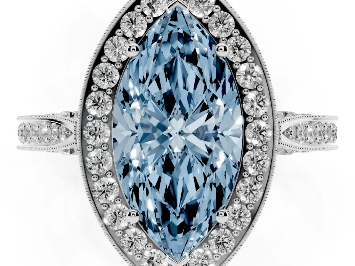 Fancy Blue Marquise Cut Halo Diamond Engagement Ring with Split Shank Band and Four-Prong Setting Silver