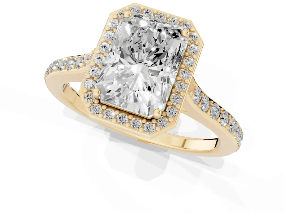 Radiant Cut Diamond Halo Engagement Ring with Round Pavé Shoulders and Prong Setting Yellow gold