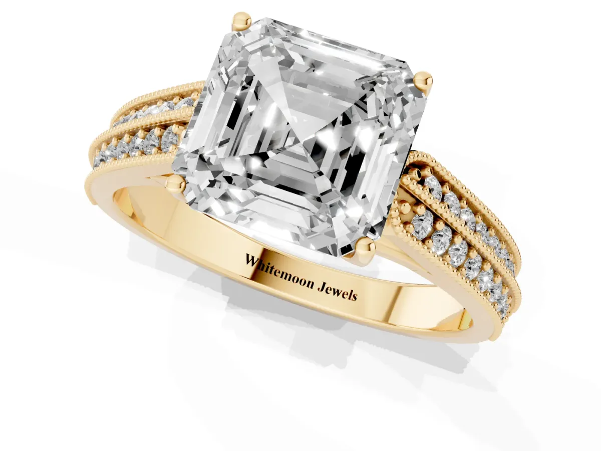 Asscher Cut Cut Pave Split Shank Engagement Ring with Four-Prong Setting Yellow gold