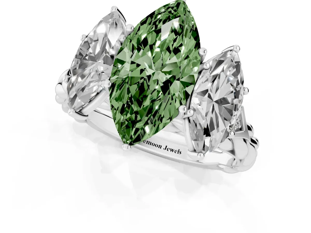 Fancy Green Three-Stone Marquise Cut Diamond Braided Band Ring with Four-Prong Setting Silver