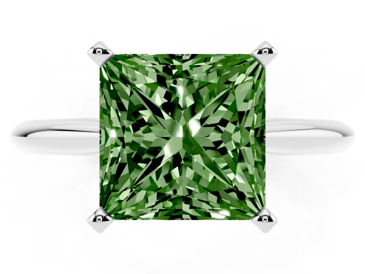 Fancy Green Princess Cut Cut Solitaire Ring with Four-Prong Setting on a Classic Band Silver