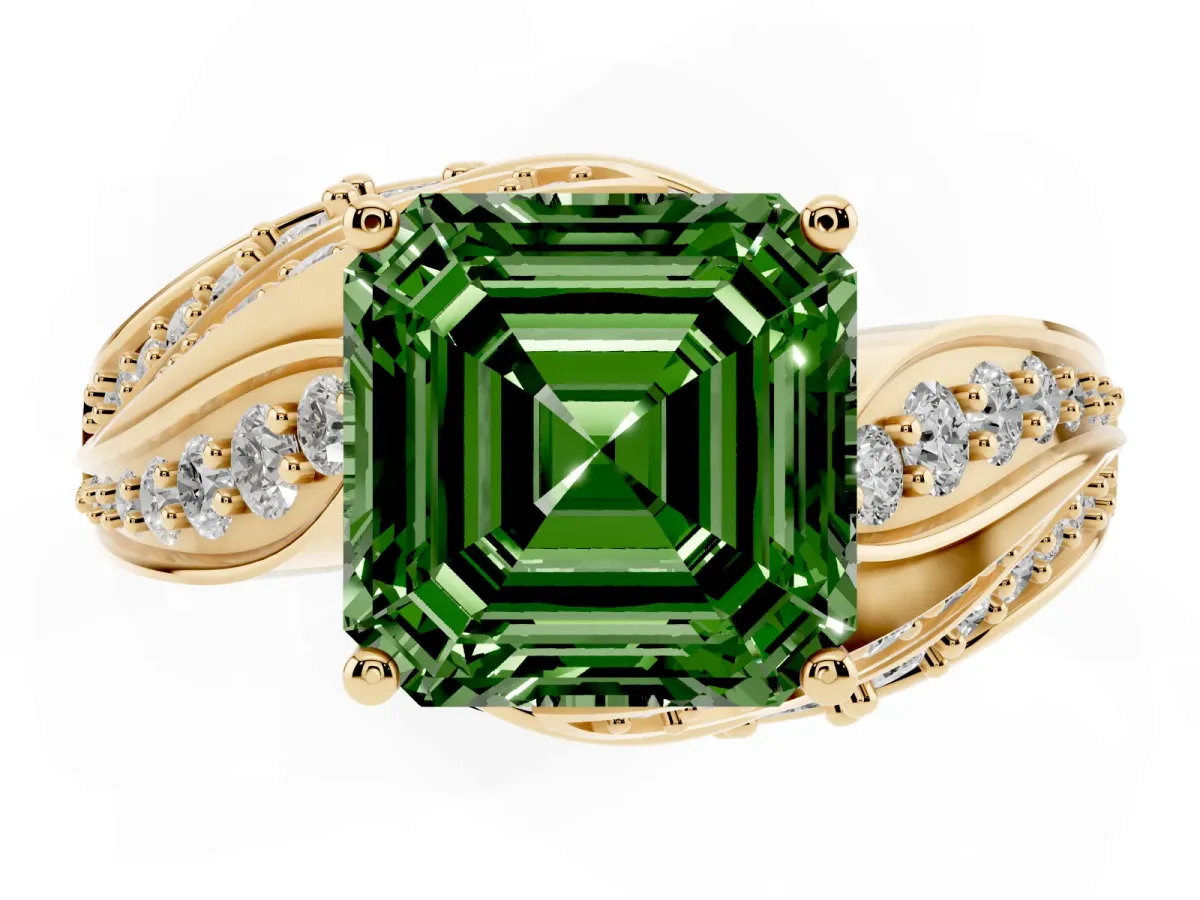 Fancy Green Asscher Cut Diamond Solitaire Ring with Prong Setting and Twisted Pavé Band Yellow gold