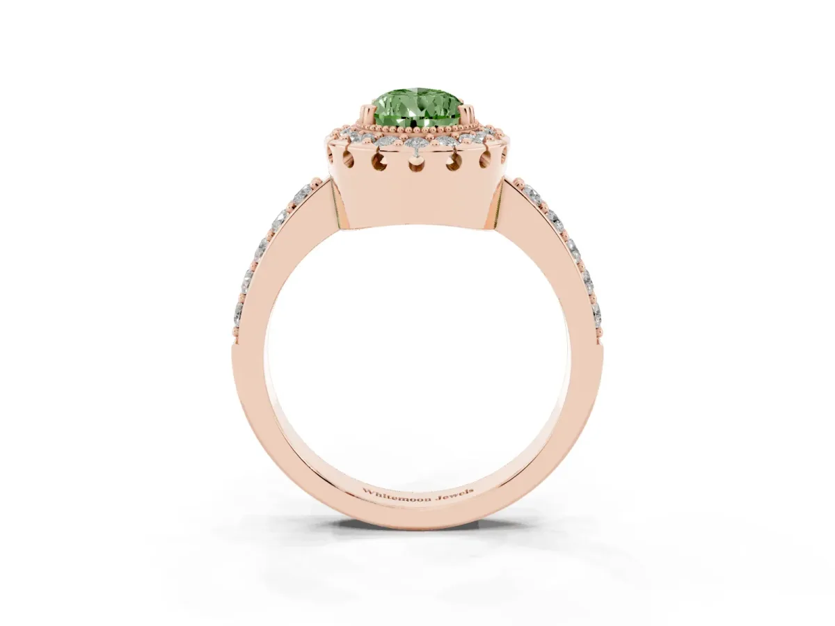 Fancy Green Pear Cut Diamond Halo Ring with Pavé Band and Prong Setting Rose gold