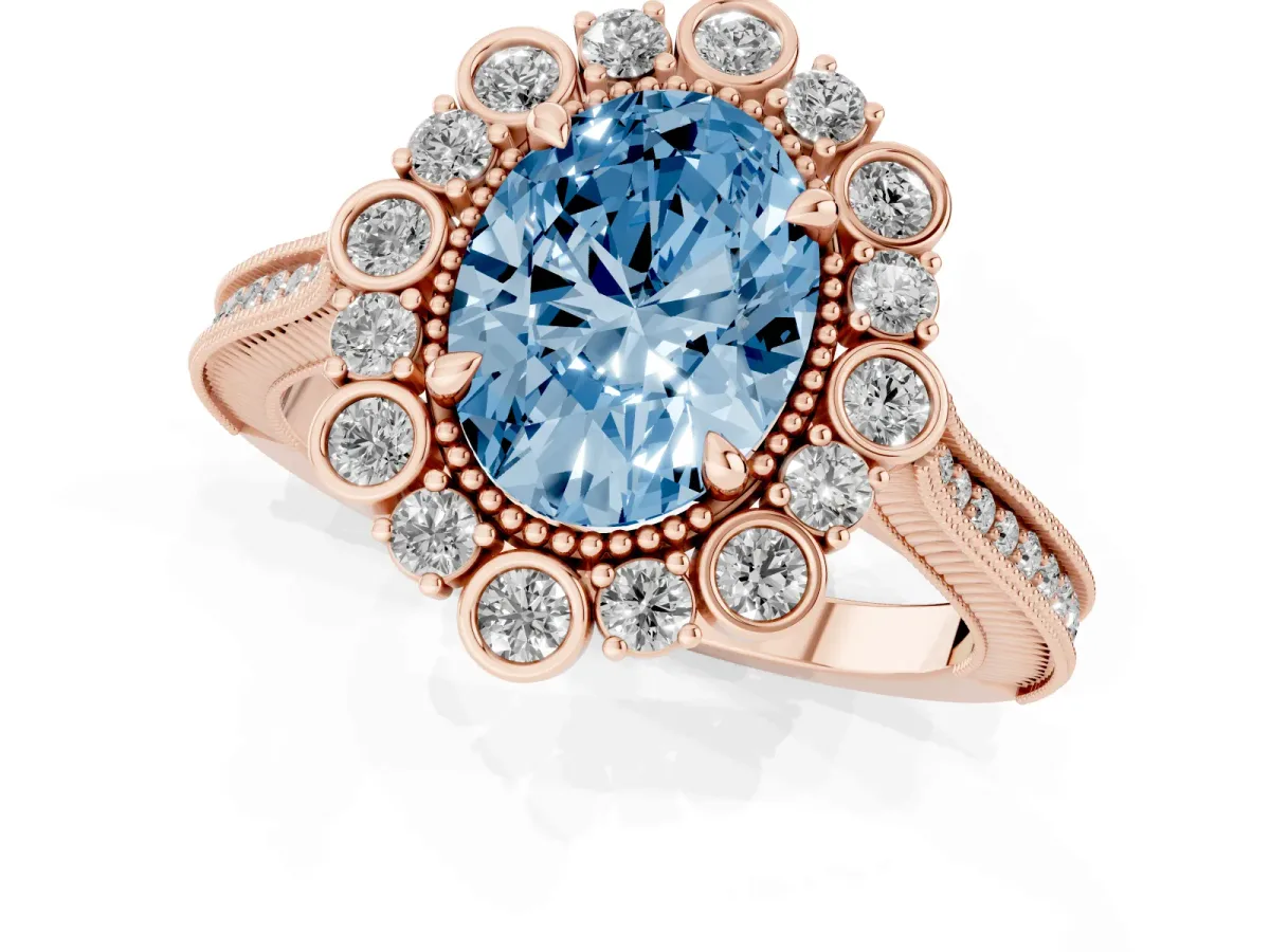 Fancy Blue Oval Cut Halo Milgrain Pave Diamond Ring with Four-Prong Setting Rose gold