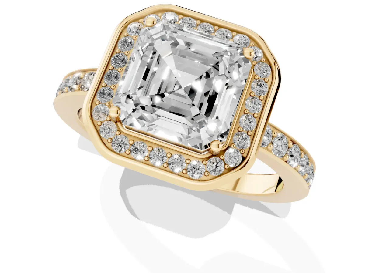 Asscher Cut Diamond Halo Ring with Bezel Frame and Pavé Band Yellow gold