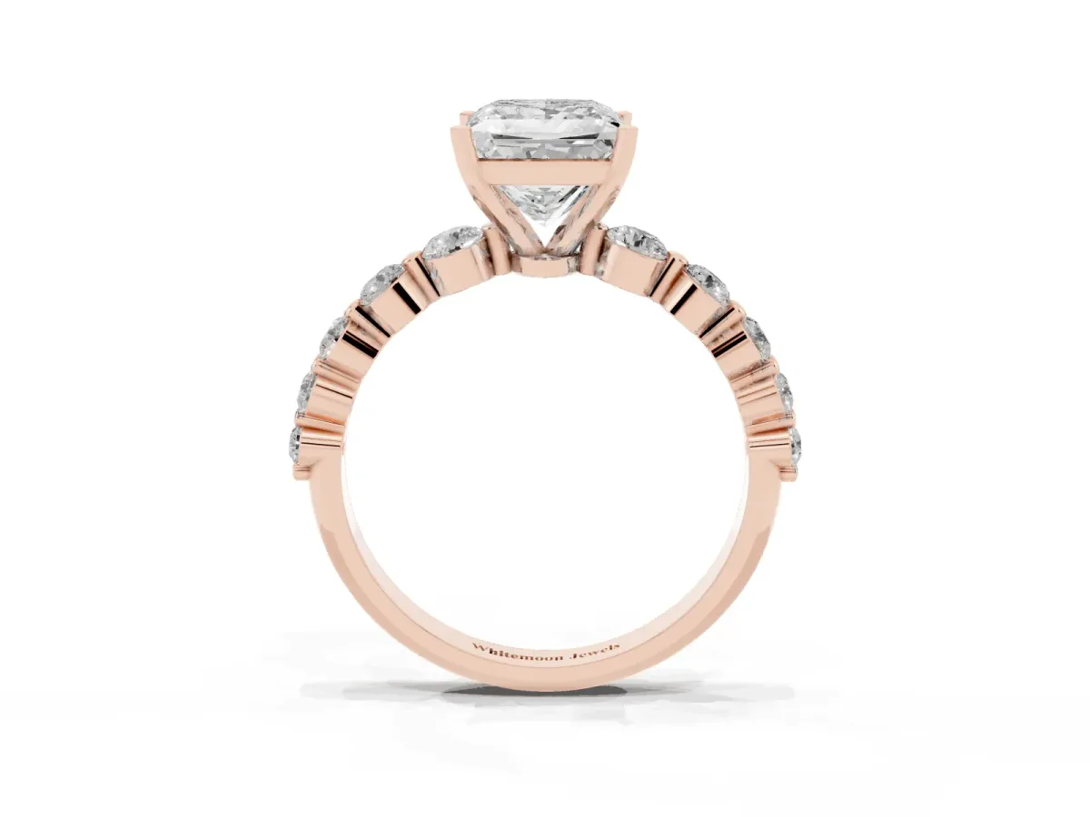 Princess Cut Solitaire Diamond Ring with Pave Band and Four-Prong Setting Rose gold