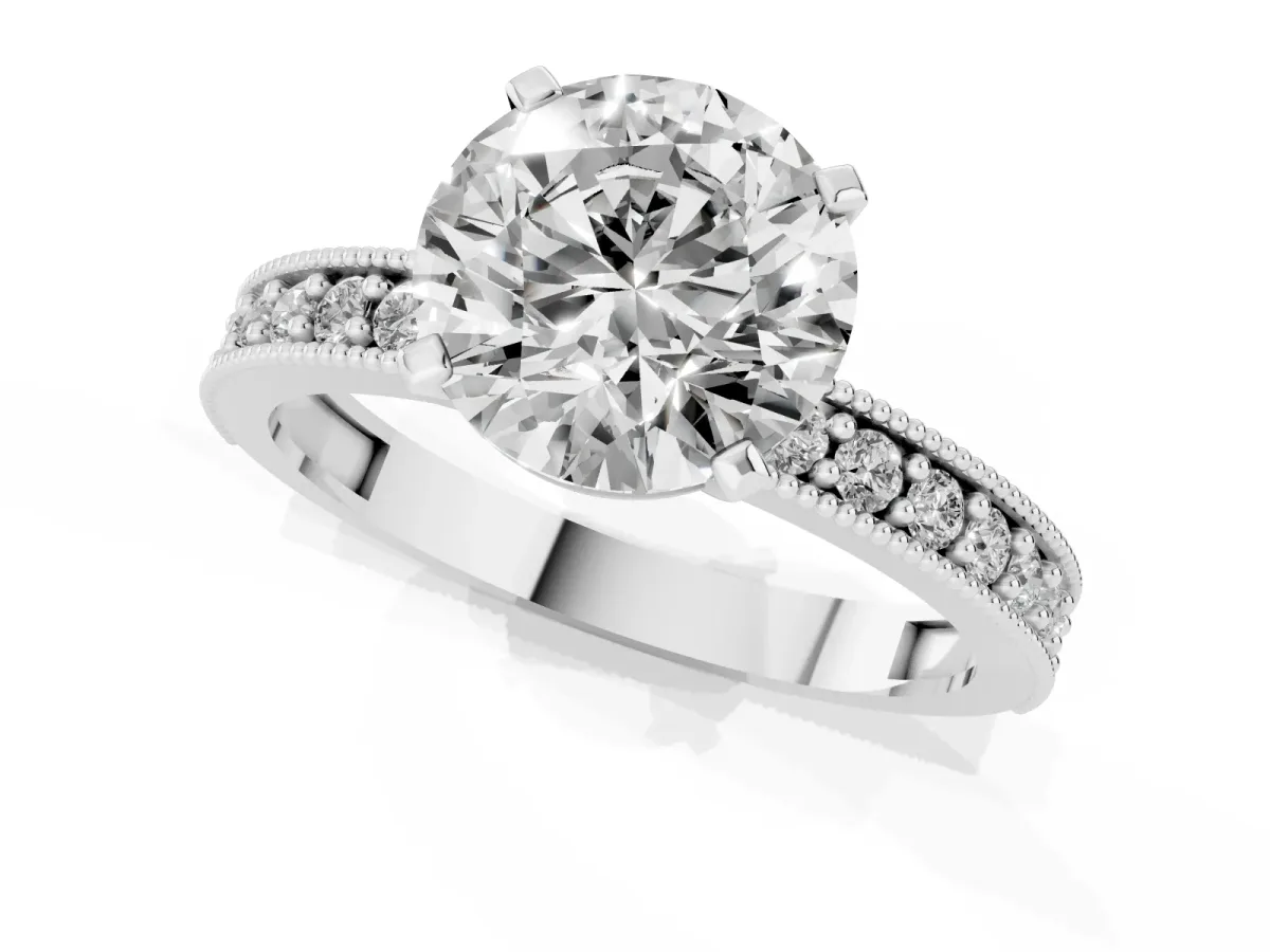 Round Cut Diamond Milgrain Pavé Engagement Ring with Four-Prong Setting Silver