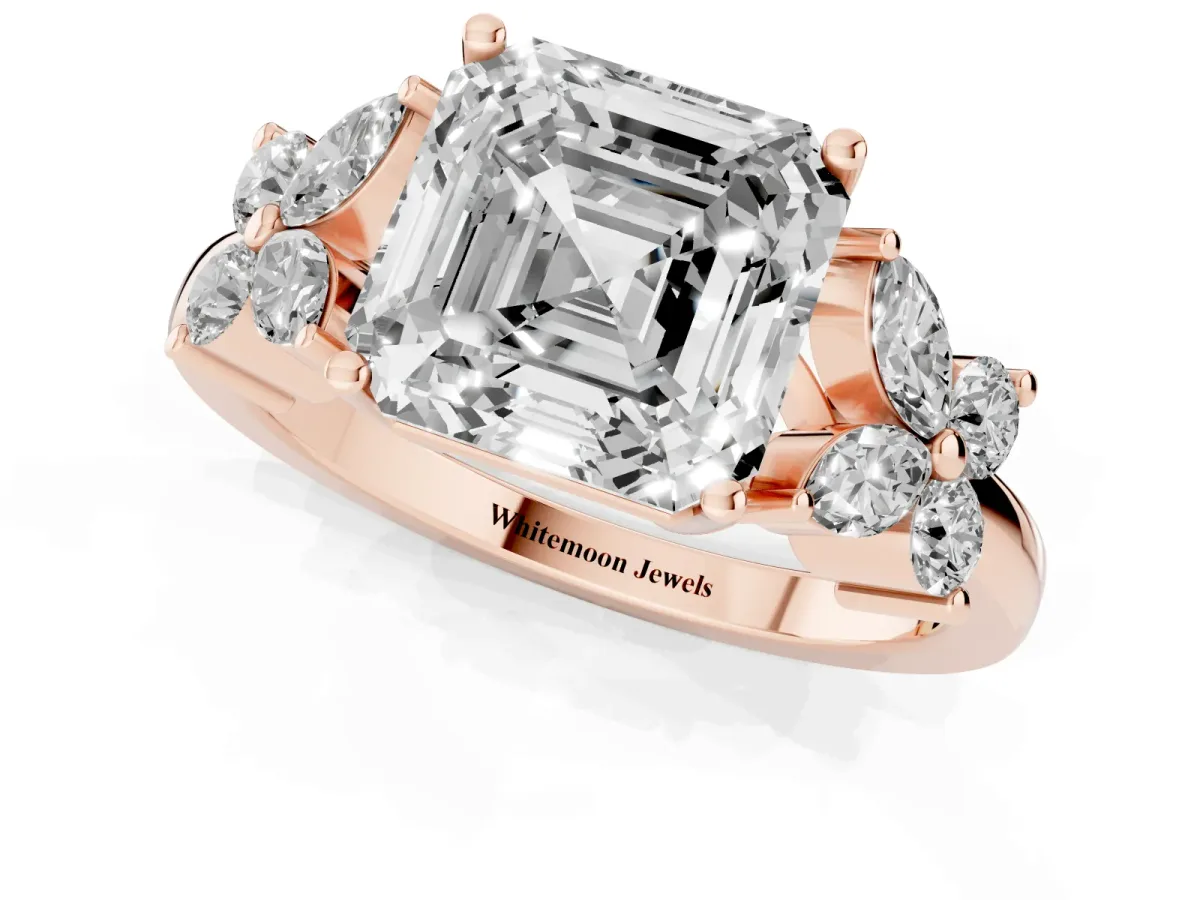 Princess Cut Diamond Floral Cluster Ring with Solitaire Band and Prong Setting Rose gold