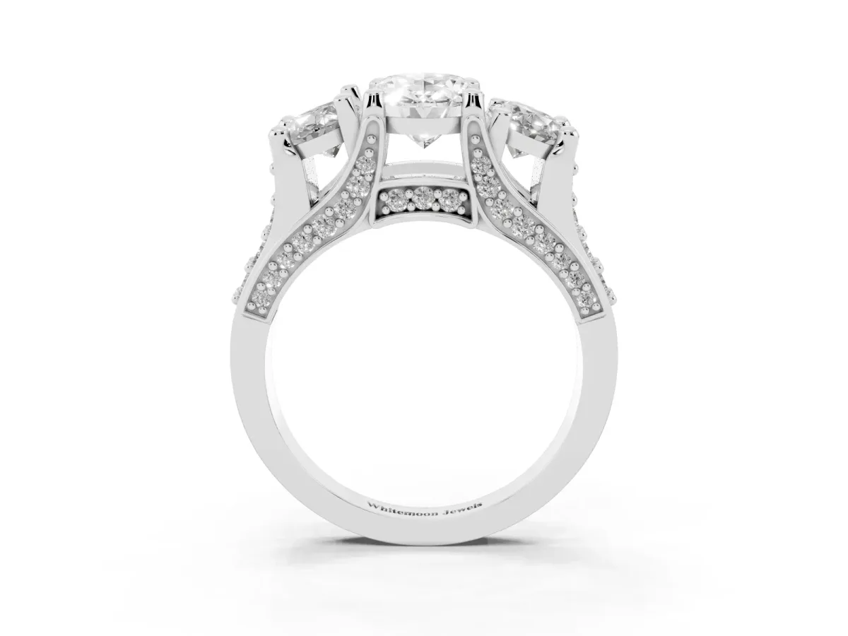 Oval Cut Diamond Three-Stone Ring with Channel Set Band and Four-Prong Setting Silver