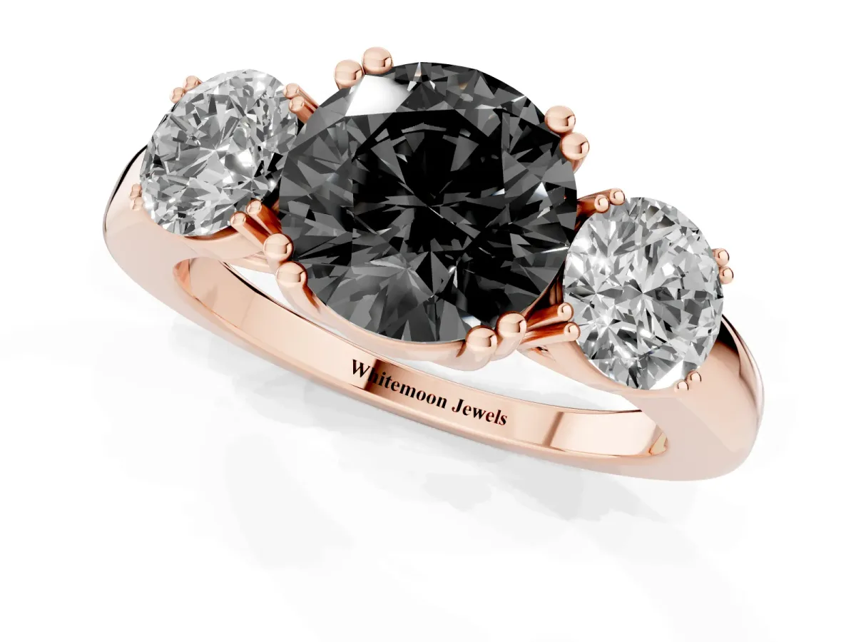 Fancy Black Three-Stone Round Cut Cut Diamond Ring with Channel Set Band and Four-Prong Setting Rose gold