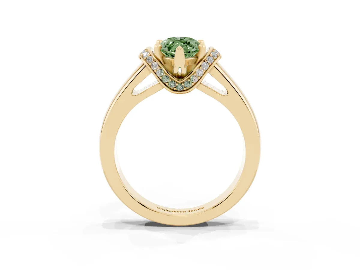 Fancy Green Marquise Cut Solitaire Diamond Ring with Pave Band and Six-Prong Setting Yellow gold