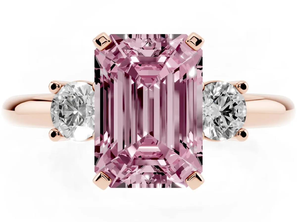 Fancy Pink Three-Stone Emerald Cut Cut Diamond Solitaire with Prong Setting and Classic Band Rose gold