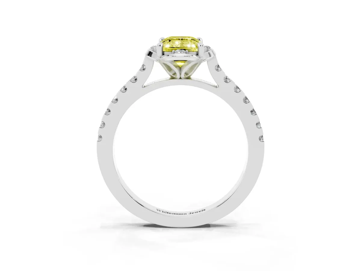 Fancy Yellow Emerald Cut Diamond Ring with Pavé Band and Floral Prong Setting Silver