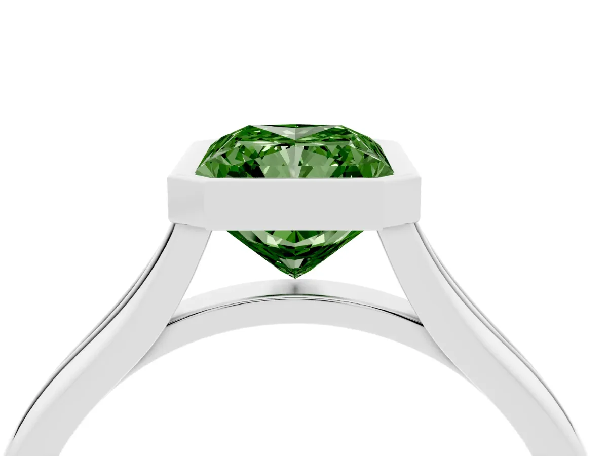 Fancy Green Bezel Set Radiant Cut Cut Solitaire Ring with Tapered Band Silver