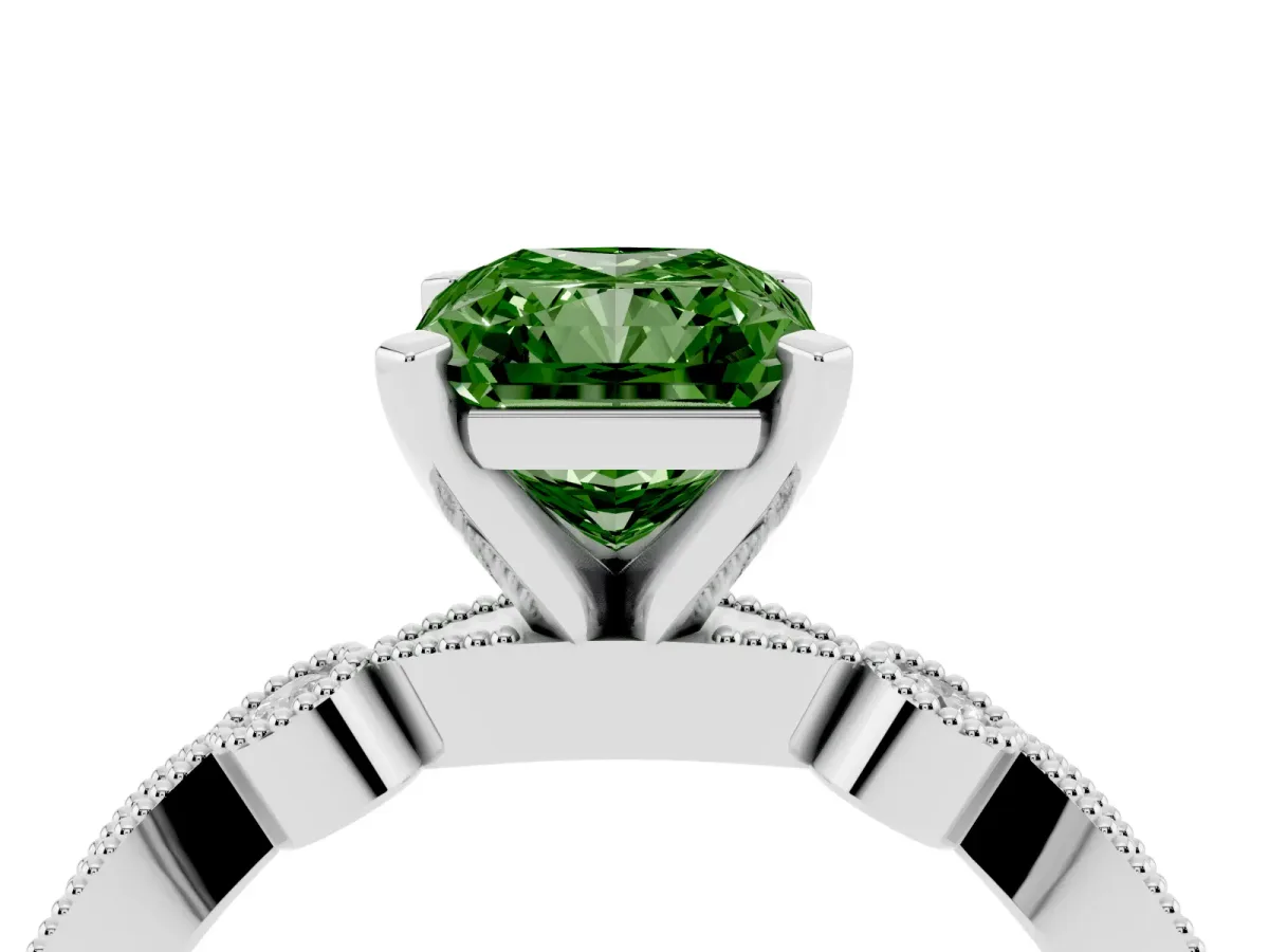 Fancy Green Radiant Cut Milgrain Bezel Diamond Engagement Ring with Solitaire Prong Setting Silver