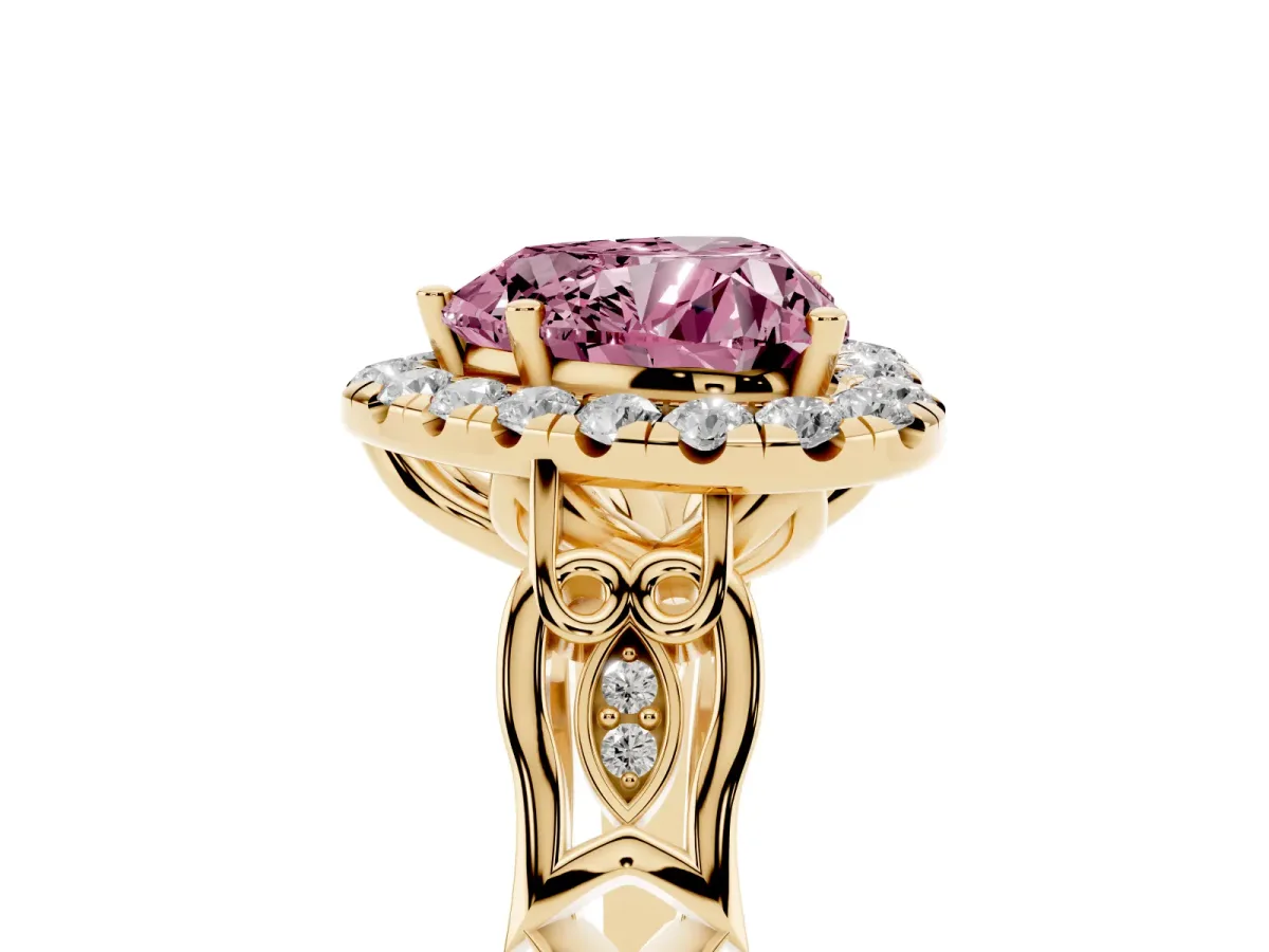 Fancy Pink Heart Cut Halo Diamond Engagement Ring with Filigree Band and Four-Prong Setting Yellow gold