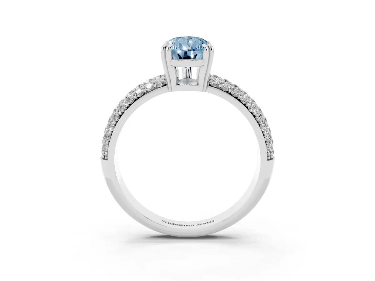 Fancy Blue Pear Cut Diamond Solitaire Ring with Multi-Row Round Pavé Band and Prong Setting Silver