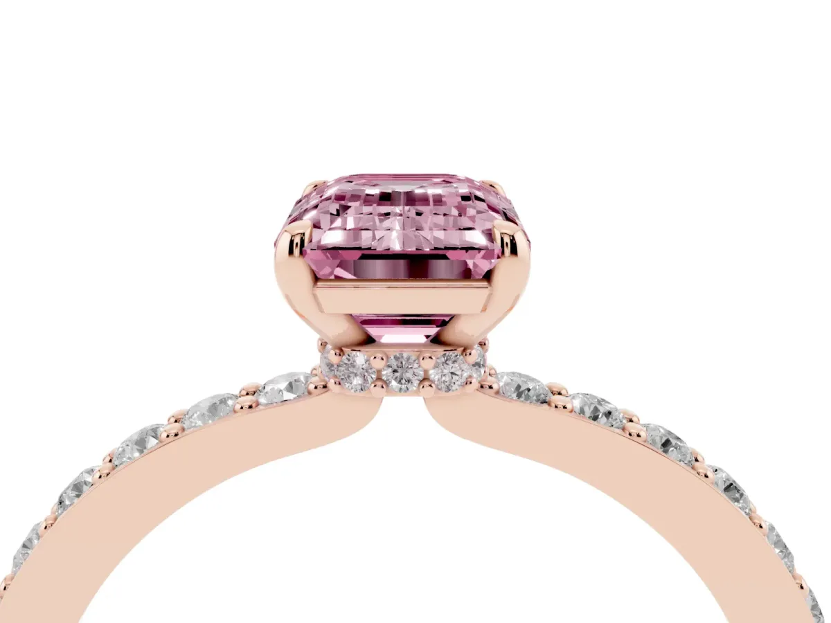 Fancy Pink Emerald Cut Diamond Pavé Engagement Ring with Round Accents and Prong Setting Rose gold