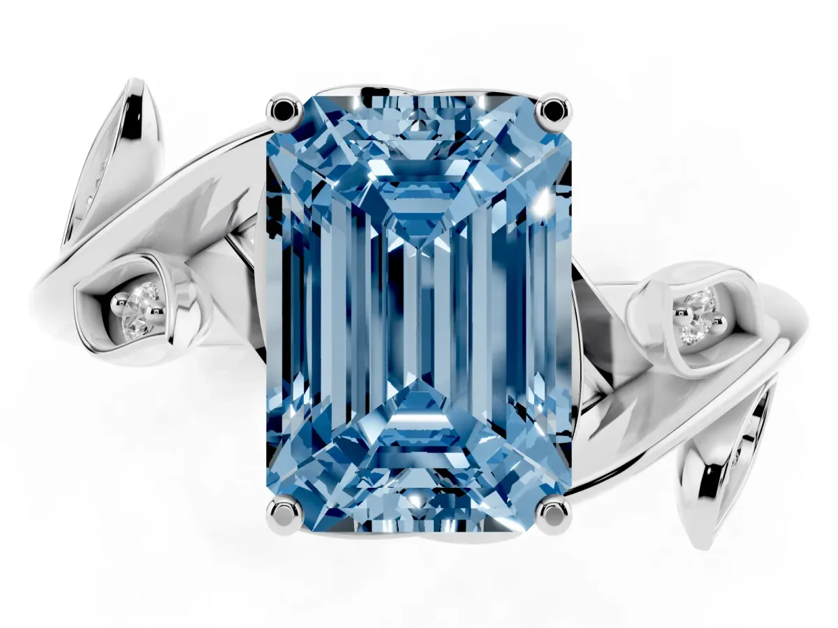 Fancy Blue Emerald Cut Solitaire Twist Engagement Ring with Leaf Accents and Prong Setting Silver