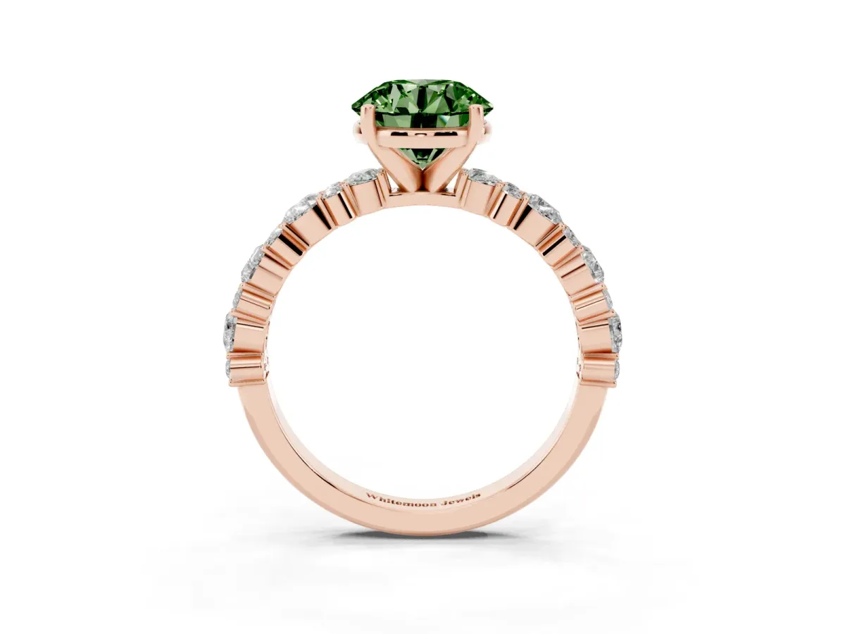 Fancy Green Round Cut Diamond Side Stone Solitaire Ring with Round and Four-Prong Setting Rose gold