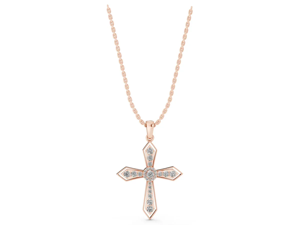 Round Diamond Milgrain Cross Pendant with Bezel Setting Rose gold