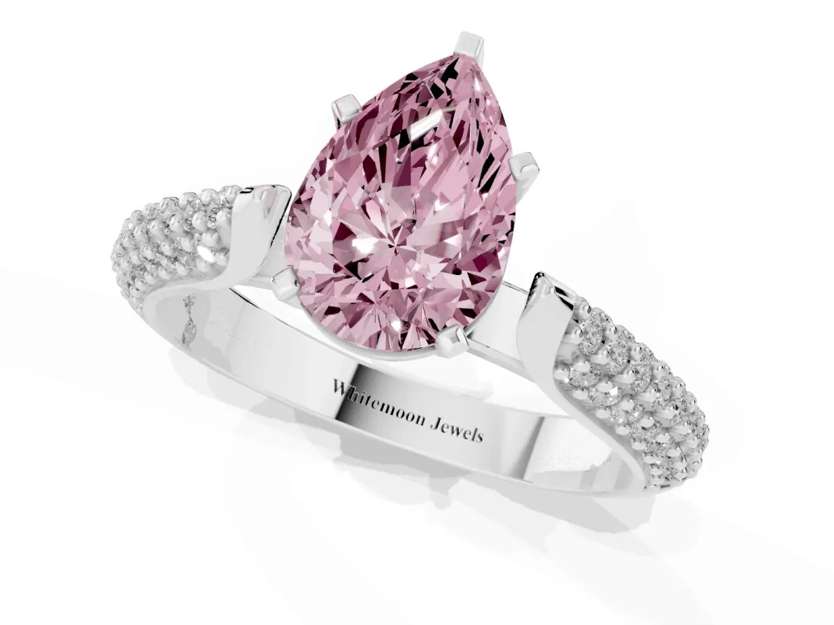 Fancy Pink Pear Cut Diamond Solitaire Engagement Ring with Multi-Row Round Pavé Band and Prong Setting Silver