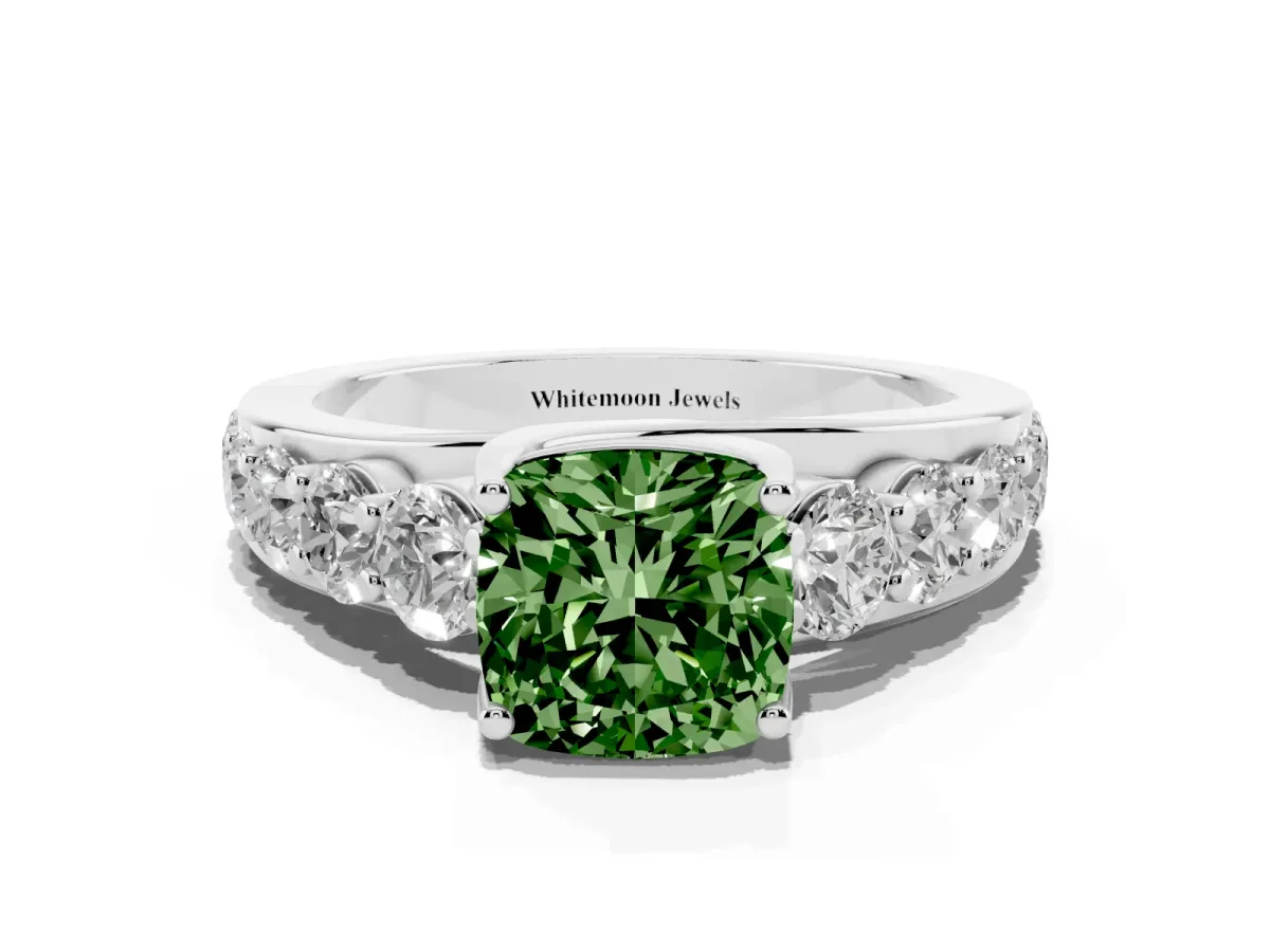 Fancy Green Cushion Cut Diamond Engagement Ring with Pavé Band and Four-Prong Setting Platinum
