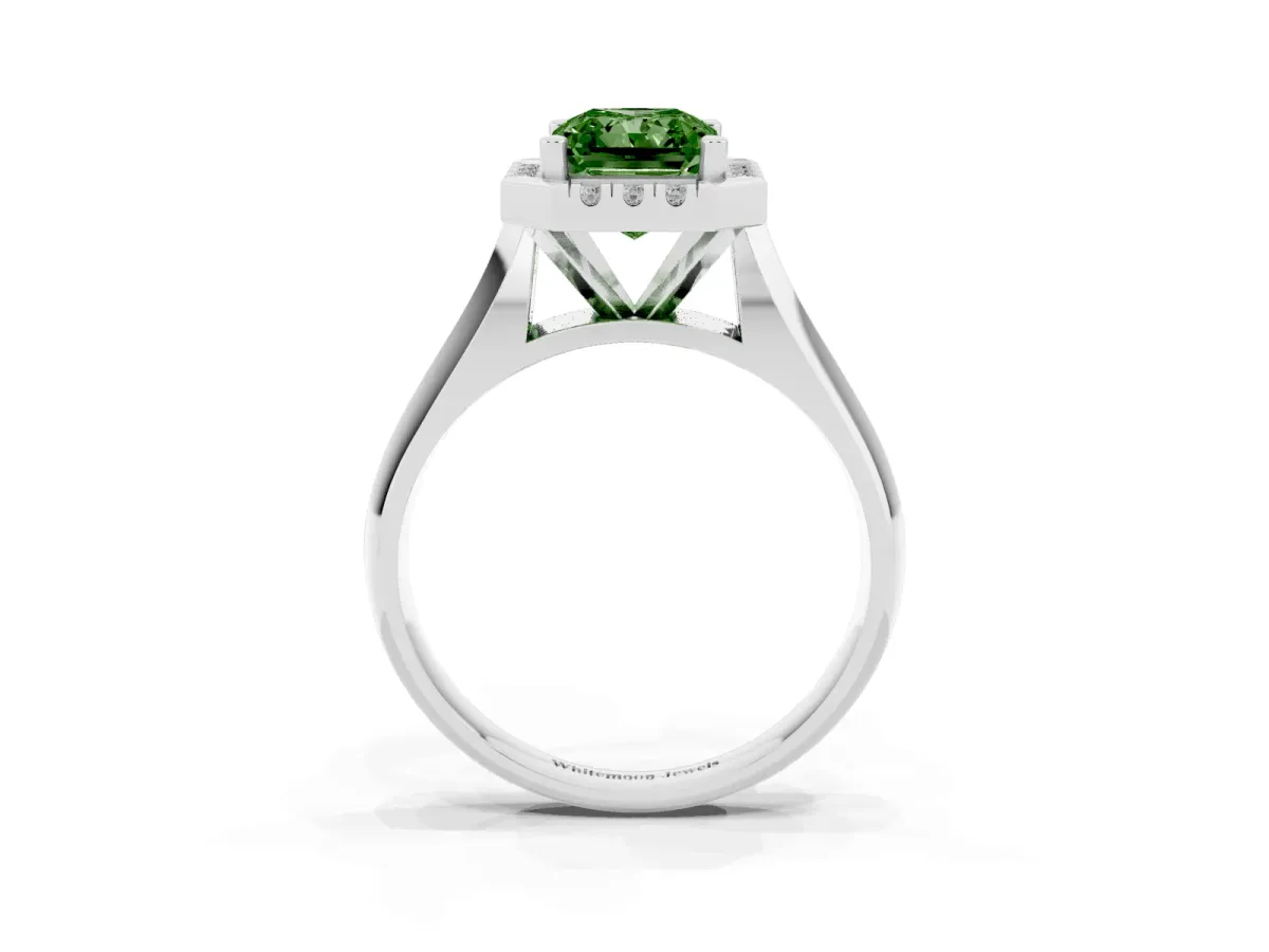 Fancy Green Radiant Cut Cut Halo Solitaire Engagement Ring with Square Band and Four-Prong Setting Silver