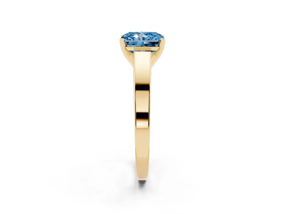 Fancy Blue Radiant Cut Solitaire Engagement Ring with Four-Prong Setting and Tapered Band Yellow gold