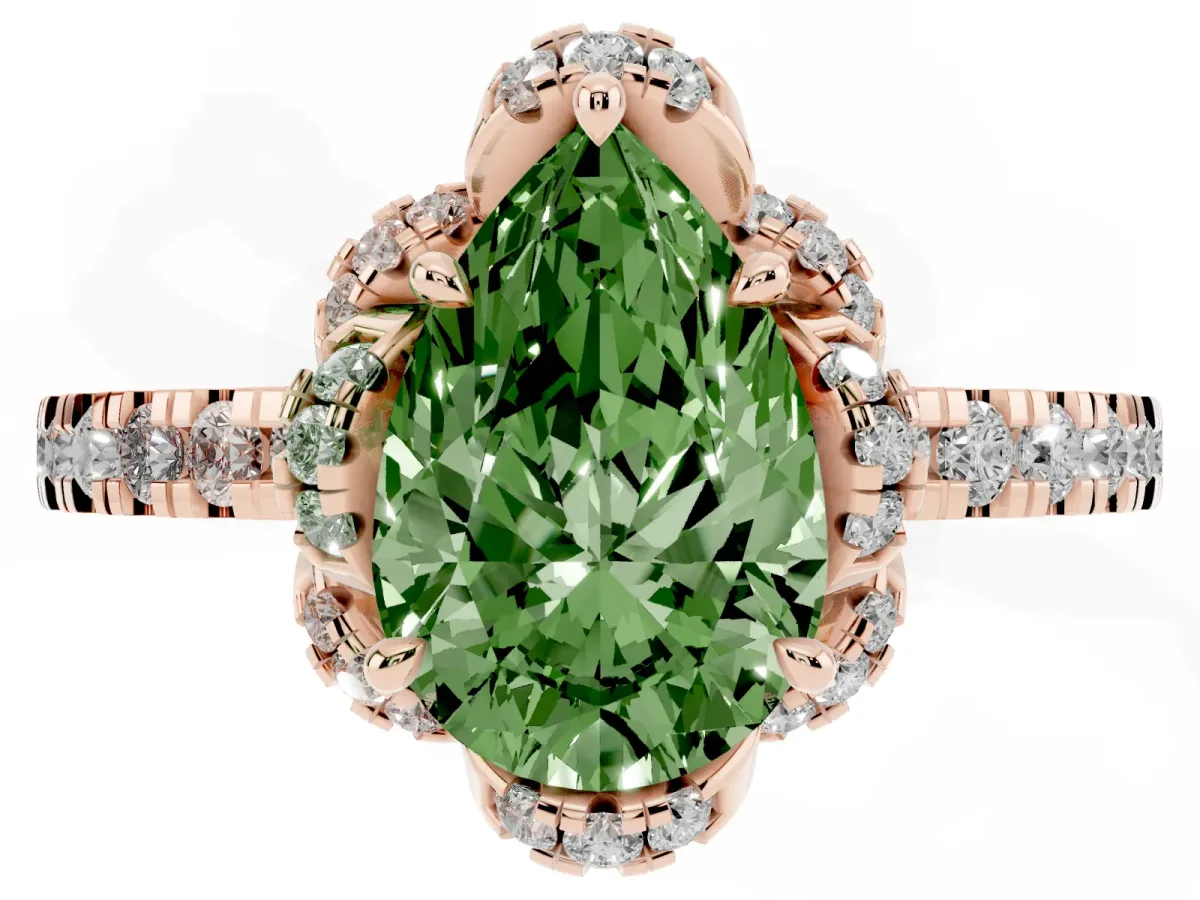 Fancy Green Pear Cut Halo Diamond Pave Band Ring with Four-Prong Setting Rose gold