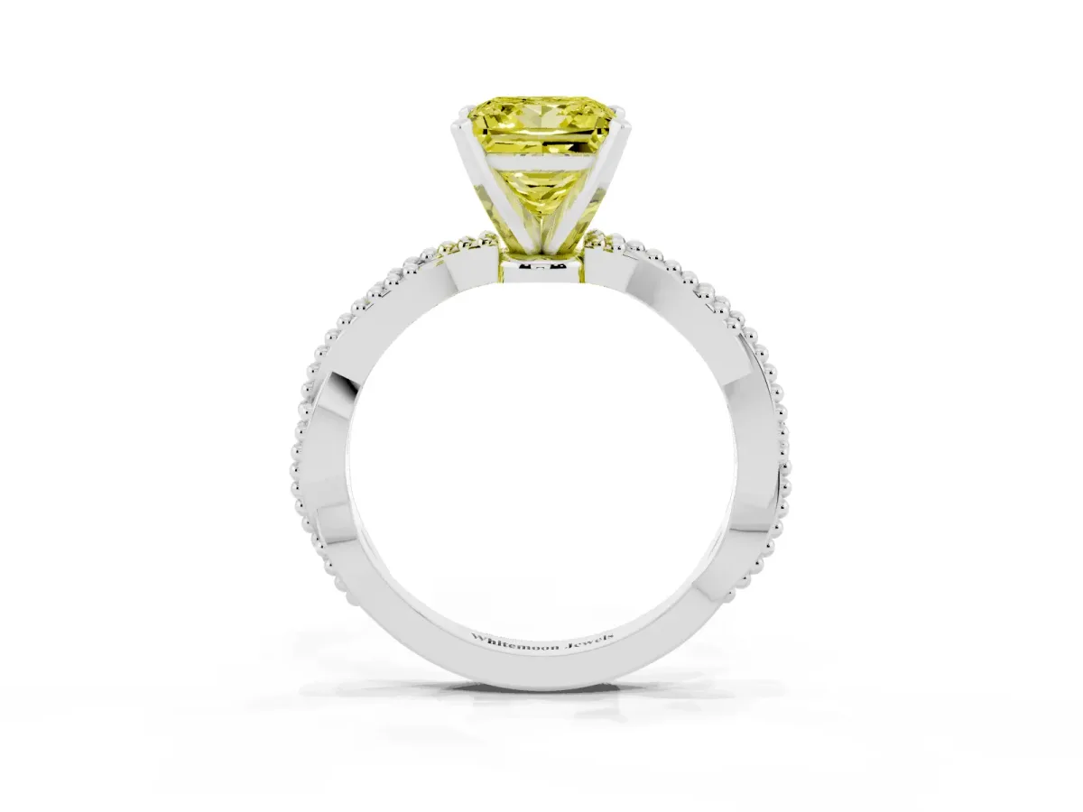 Fancy Yellow Princess Cut Solitaire Twisted Band with Bead Prong Setting Platinum