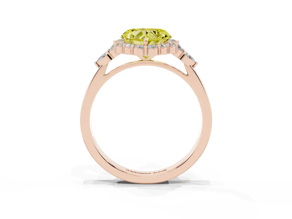 Fancy Yellow Heart Cut Diamond Halo Ring with Pear Side Stones and Prong Setting Rose gold