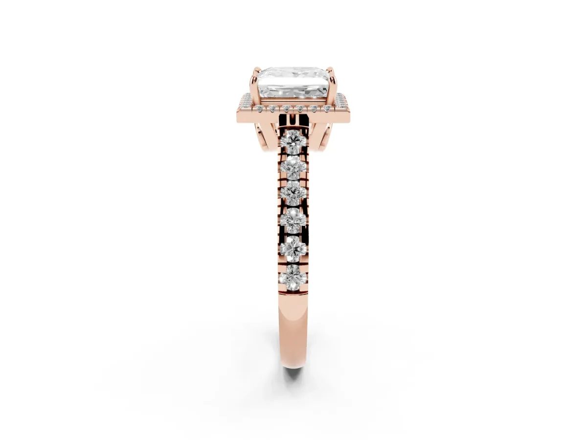 Princess Cut Halo Pavé Diamond Engagement Ring with Four-Prong Setting Rose gold