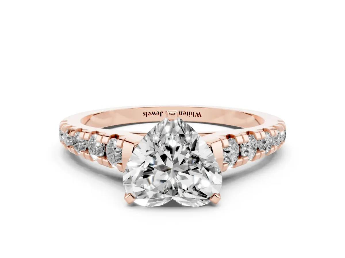 Heart Cut Diamond Cathedral Solitaire Ring with Round Pavé Band Rose gold