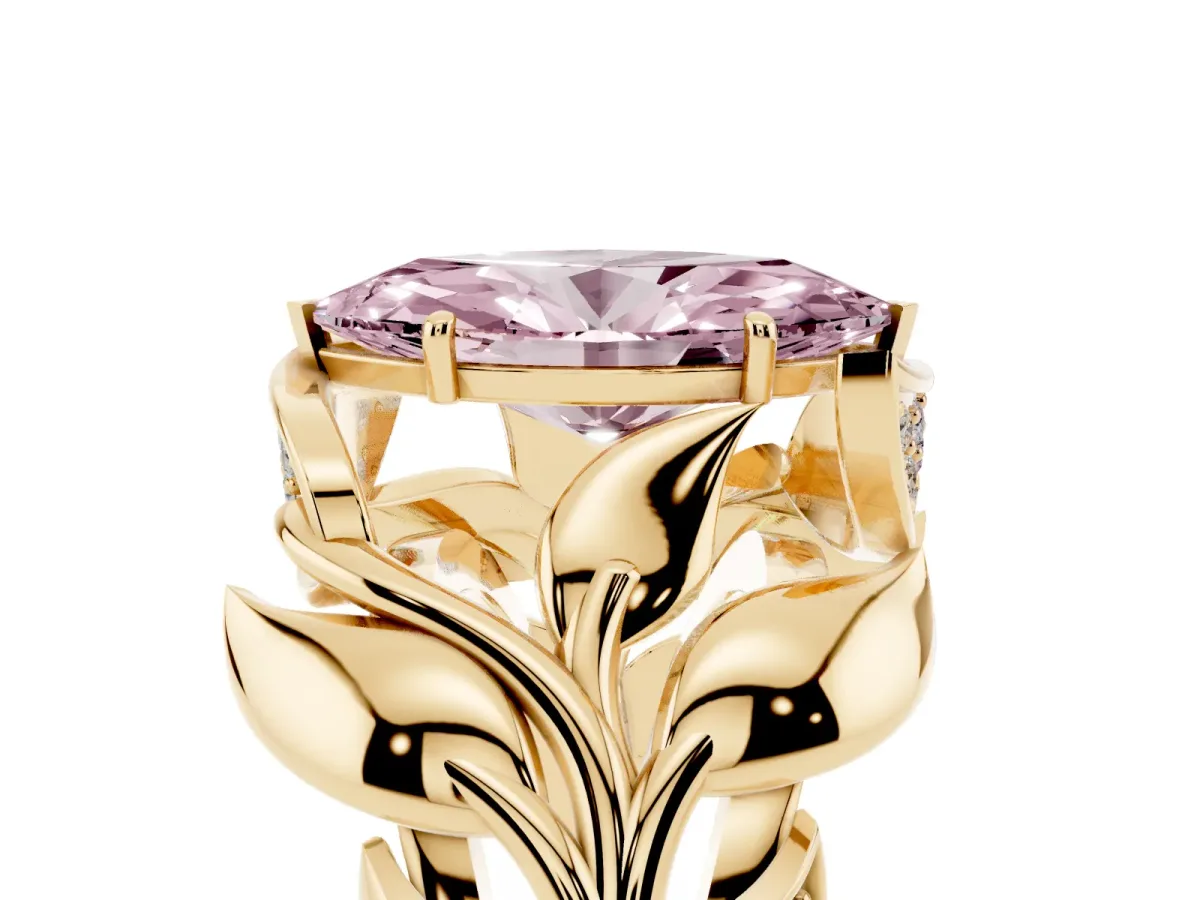 Fancy Pink Marquise Cut Diamond Leaf-Inspired Engagement Ring with Round Accents and Prong Setting Yellow gold