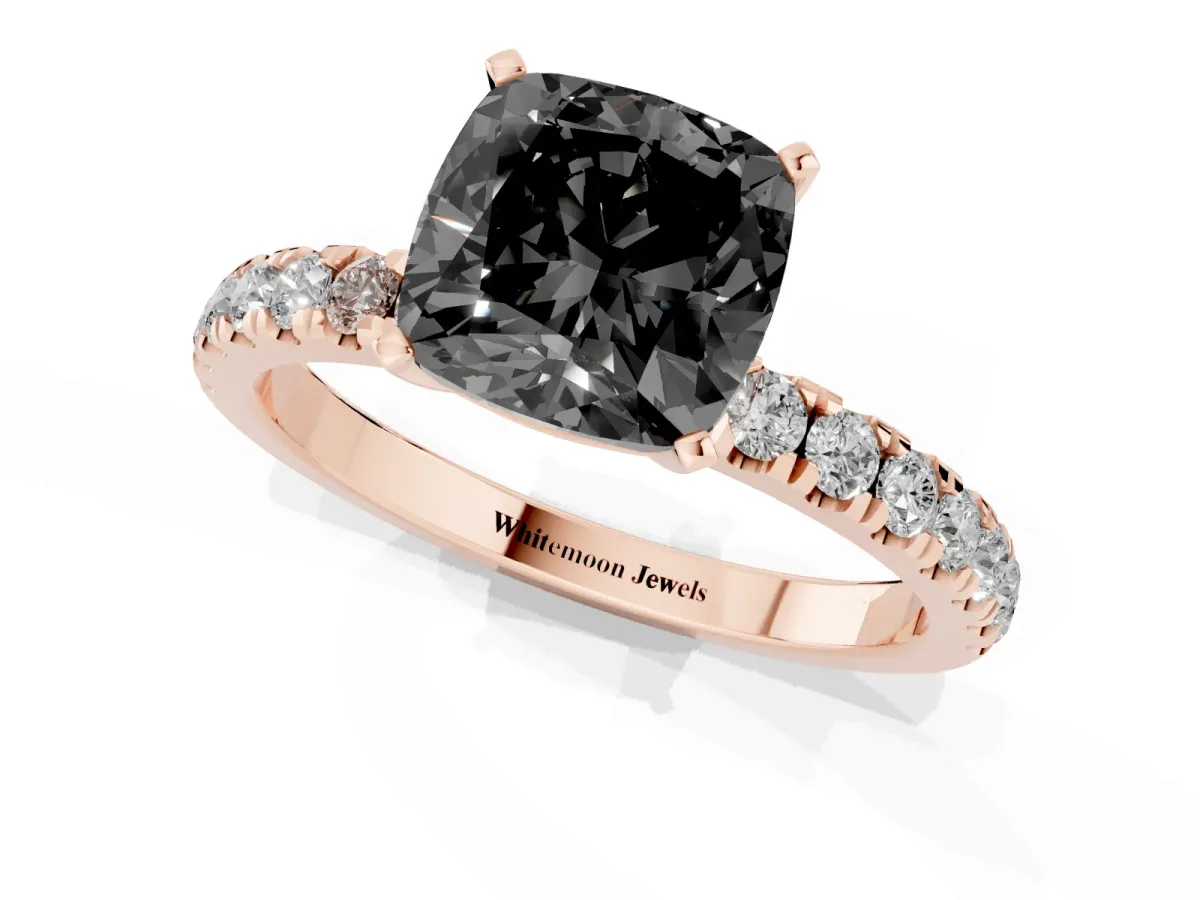 Fancy Black Cushion Cut Diamond Solitaire Ring with Pavé Accents and Four-Prong Setting Rose gold