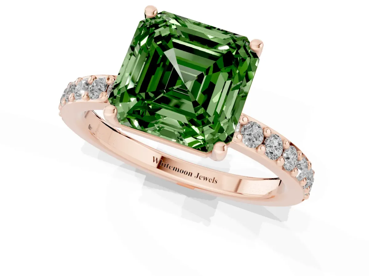 Fancy Green Asscher Cut Cut Diamond Solitaire with Pave Band and Four-Prong Setting Rose gold