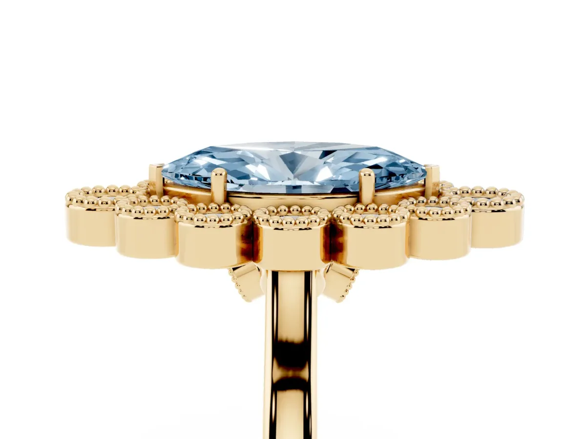 Fancy Blue Marquise Cut Halo Diamond Cluster Engagement Ring with Milgrain Bezel Setting and Solitaire Band Yellow gold
