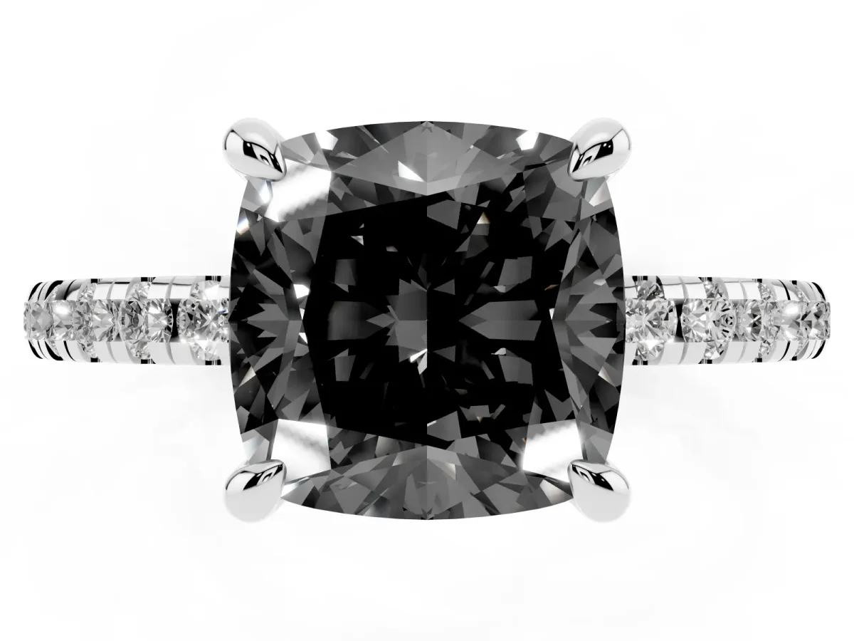 Fancy Black Cushion Cut Diamond Brilliant Solitaire Ring with Pavé Band and Four-Prong Setting White gold