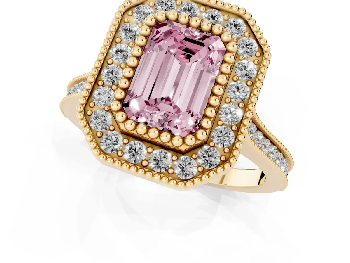 Fancy Pink Emerald Cut Diamond Halo Ring with Milgrain Frame and Pavé Band Yellow gold
